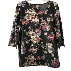 Chico's Metallic Floral Top Women's Sz XL Black 3/4 Sleeve Stretch Knit Pullover